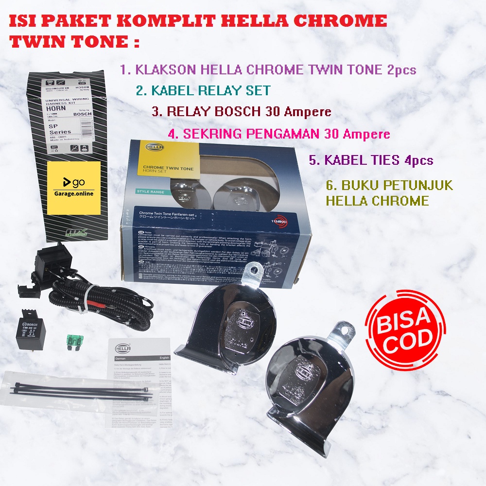 PAKET KOMPLIT Klakson Keong HELLA CHROME TWIN TONE Original + KABEL RELAY SET BOSCH TERMURAH