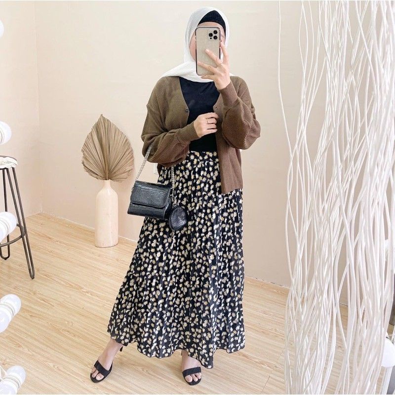 ROK PLISKET MOTIF BUNGA POLKA WANITA  / ROK PLISKET DAISY PREMIUM