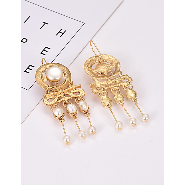 LRC Anting Gantung Fashion Gold Alloy Pearl Tassel Earrings F32679