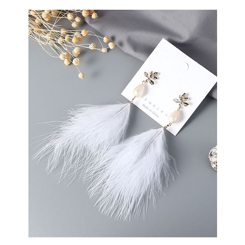 LRC Anting Tusuk Fashion Feather Pearl Alloy Leaf Stud Earrings Y63774