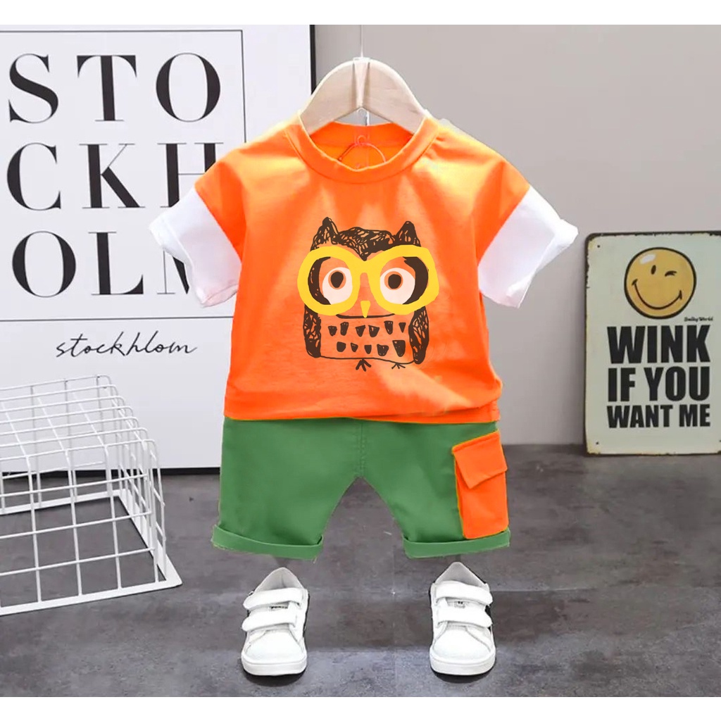 Zahra Setelan Anak Laki Laki The Owly Bahan Katun | Pakaian Anak Kekinian Umur 1-5 Tahun