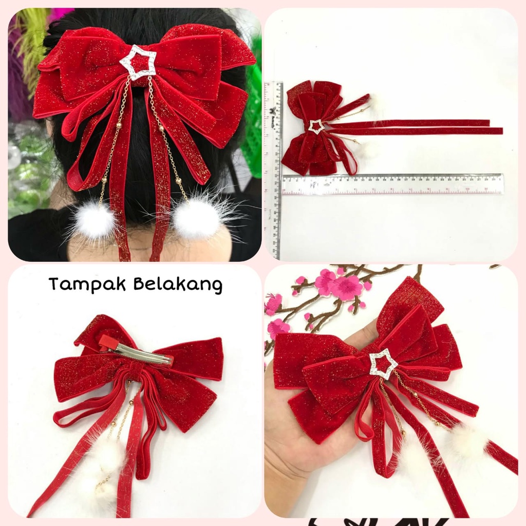 1 BUAH JEPIT IMLEK CNY BAHAN VELVET | BELUDRU GLITER HALUS + GANTUNGAN POM POM