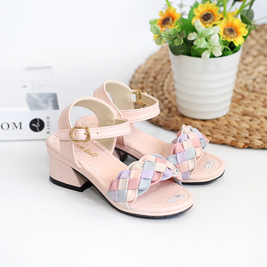 Sandal Heels Anak Perempuan Motif Kepang Tali Belakang Hak Tahu Tinggi 3 Cm