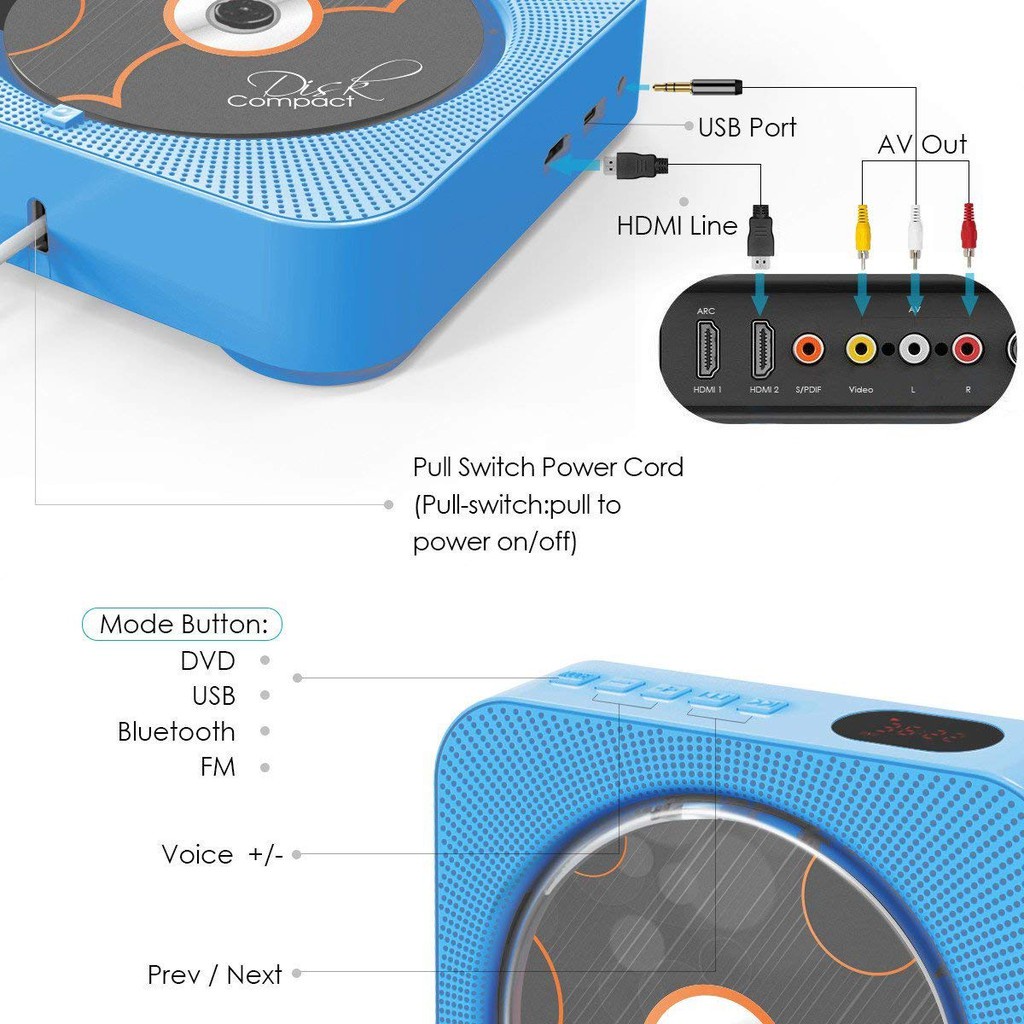 Pemutar CD Portabel/Pemutar CD Bluetooth di Dinding, Audio Rumah dengan Layar, Remote Control