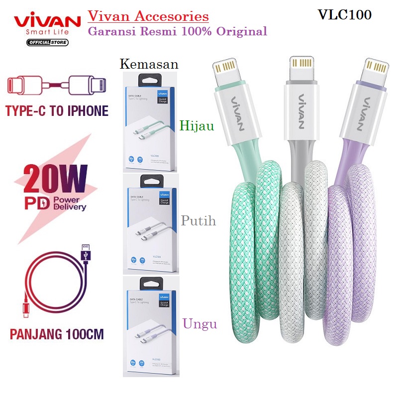 VIVAN VLC100 Data Cable Type C to Lightning 3A PD 20w Kabel Data