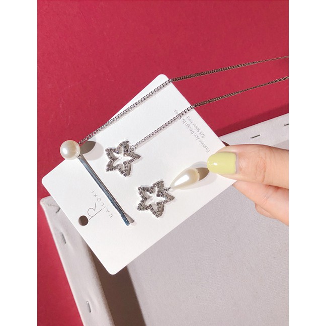 LRC Anting Tusuk Fashion Silver S925 Silver Pin Asymmetric Pearl Five-pointed Star Earrings D06493