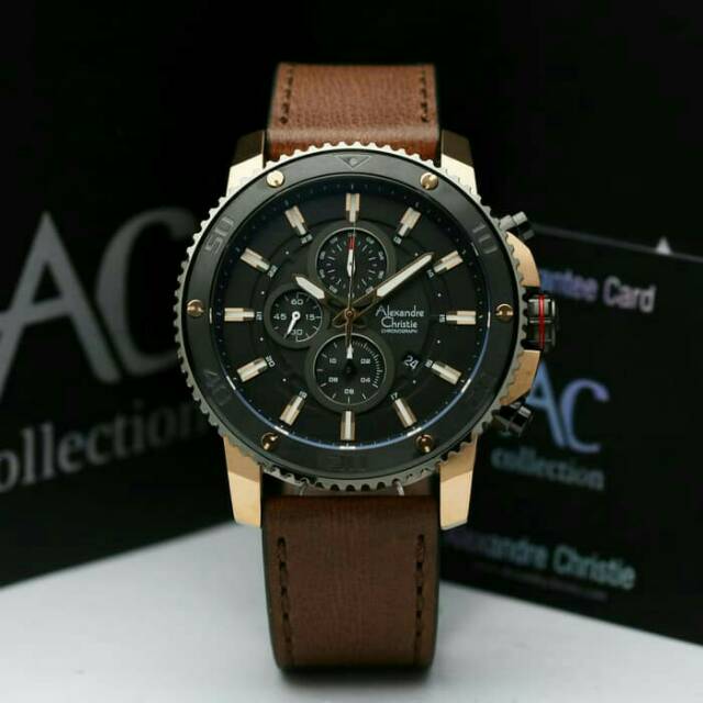 JAM TANGAN PRIA ALEXANDRE CHRISTIE COWOK ROSE GOLD BLACK TALI KULIT BROWN ORI - AC WOHC HITAM COKLAT