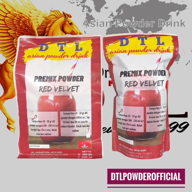 

BUBUK MINUMAN PREMIX RASA RED VELVET MERK DTL/ POWDER DRINK