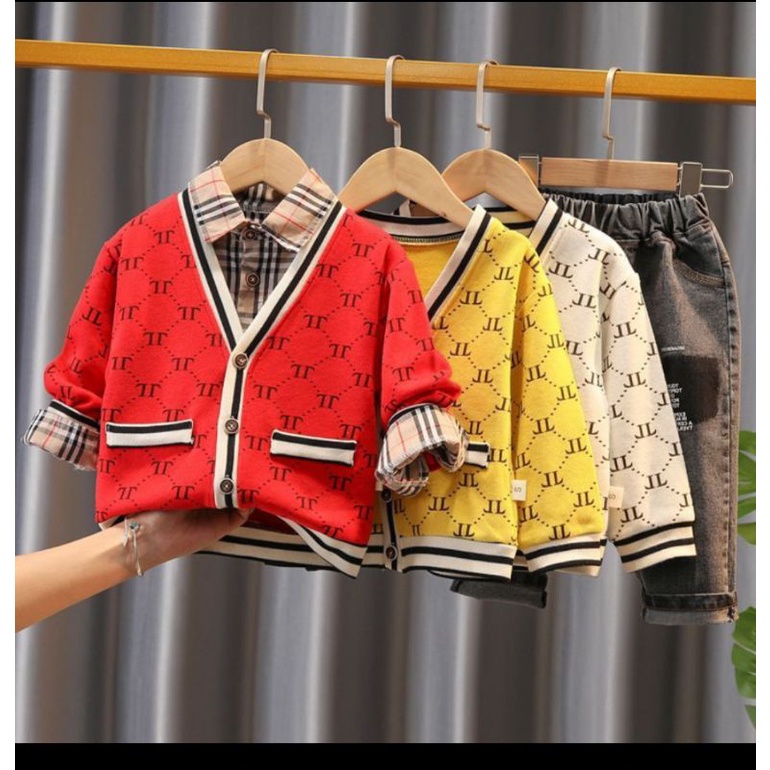 Setelan 3in 1 cardigan burberry premium anak import / setelan anak laki-laki / setelan kemeja lengan