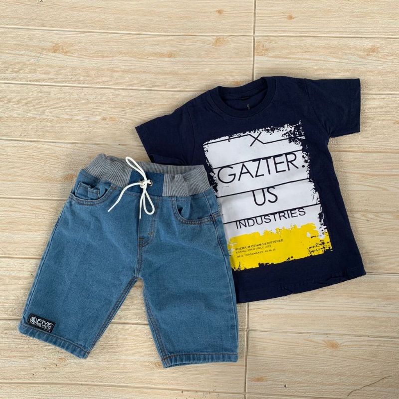 Setelan Jeans Anak Laki Laki Kaos Distro Anak Laki Baju Anak Cowo 1-12 Tahun AKP Marun Setelan Anak Laki Laki Import 10 11 12 Tahun Terlaris Terbaru-Biru Muda_gaz navy