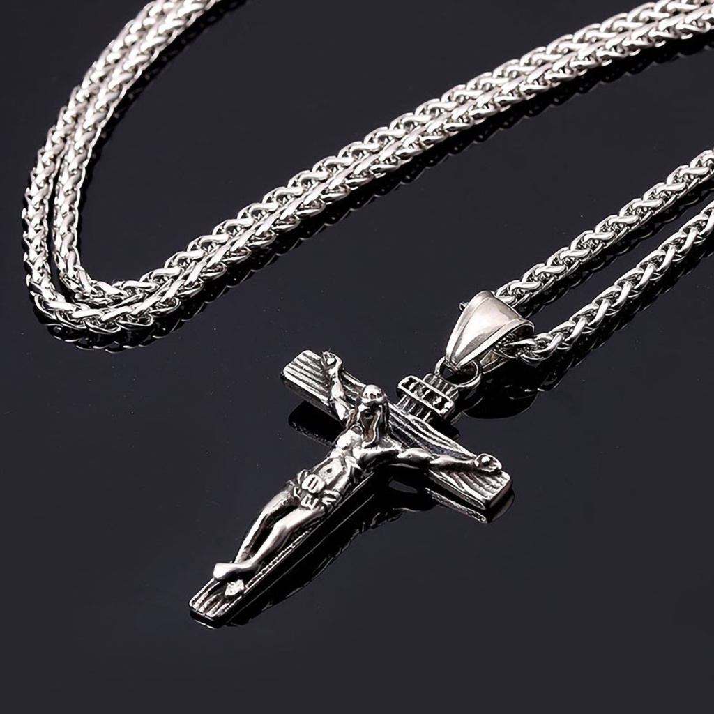 Hu Hu Hu Hu Hu Alat Bantu Pasang Kacamata♡ Kalung Liontin Salib Yesus Bahan Stainless Steel Anti Karat Untuk Pria