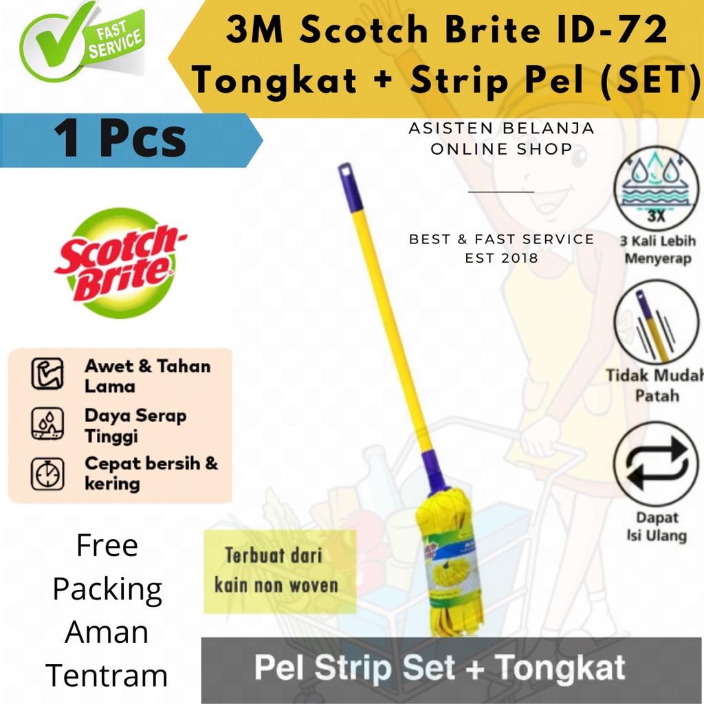 3M Scotch Brite Kain Lap Pel Strip Kuning Bulat Set ID-72 Gagang Tongkat Pembersih Lantai ID72 ID 72 Microfiber Kain Serat Halus Non Woven Alat Lap Mop Ngepel scotbrite