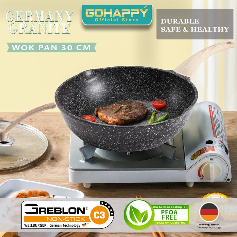 GERMANY GRANITE 30 CM WOK PAN Panci Besar Gohappy Greblon German GHG88 - Wajan Penggorengan