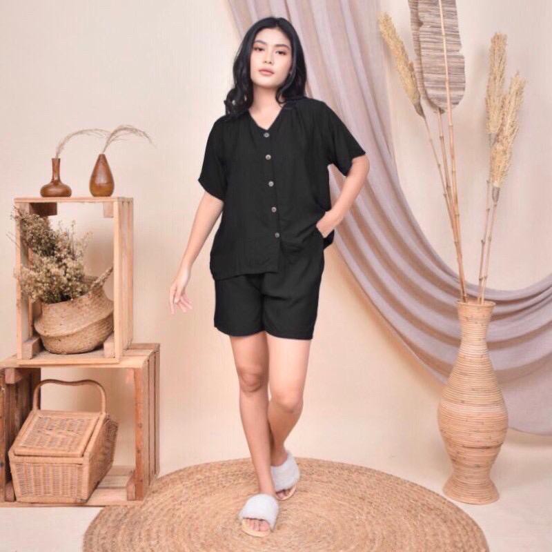 BAJU TIDUR WANITA SETELAN KANCING CELANA PENDEK RAYON GRADE A WARNA POLOS