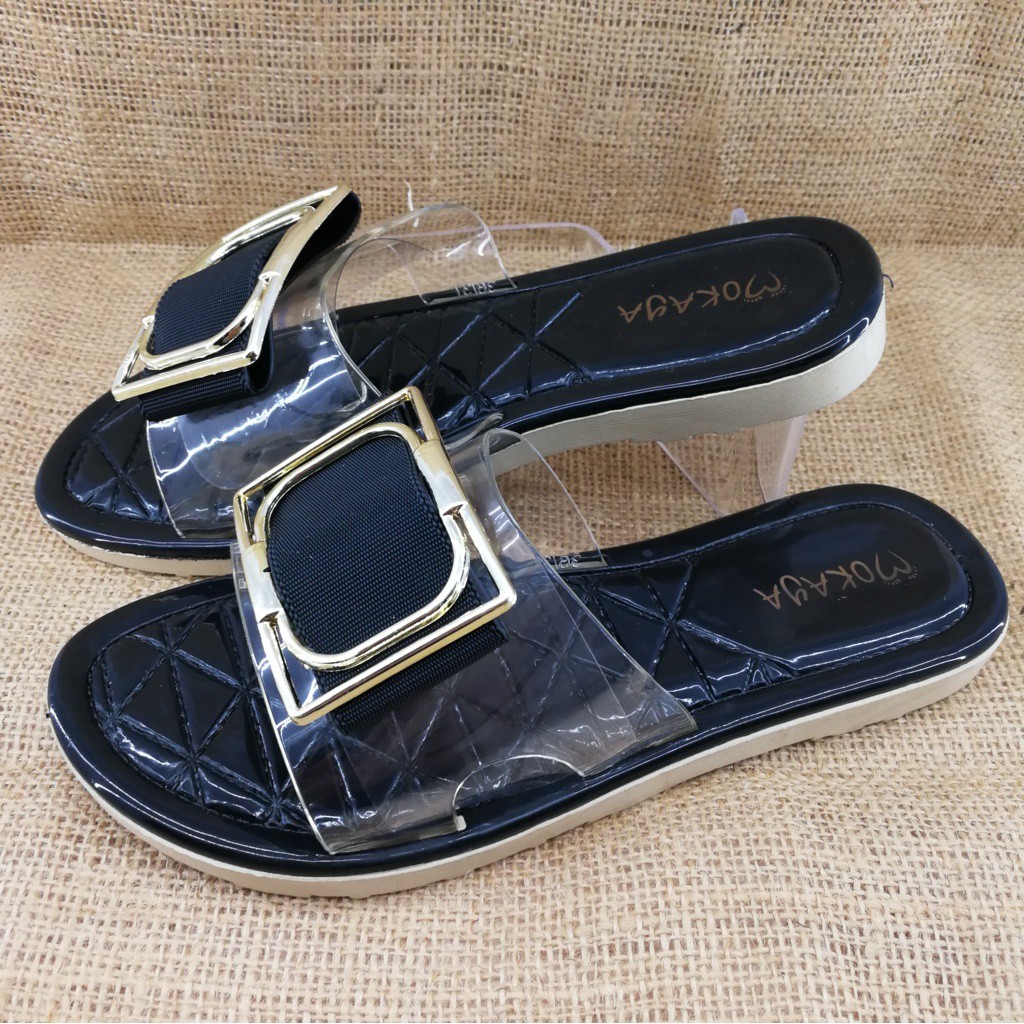 Sandal Slop Jelly Wanita Mika Gesper Kotak Besar Cantik Import Mokaya/ size 37-41 (CGL-9077-1)-Hitam
