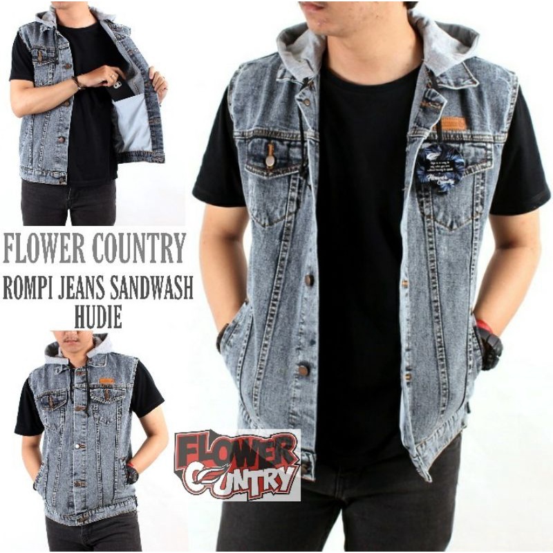 Jaket Jeans Rompi Hoodie Tangan Pendek - Jeans Hoodie Short