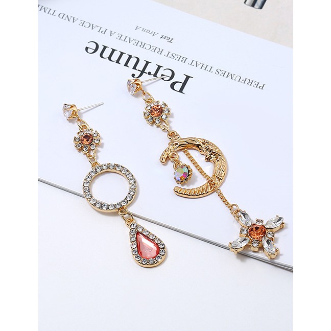 LRC Anting Tusuk Fashion Gold Alloy Diamond Asymmetric Star Moon Stud Earrings F33183