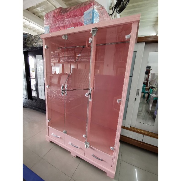 lemari baju kaca 3 pintu gamis pink duco lemari pakaian gantung kaca kristal
