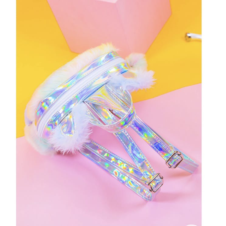 READY STOCK NEW Tas Ransel Wanita UNICORN HOLOGRAM Bulu Lembut Halus Soft Fluffy Imut Lucu Gemoy Omo Omo Kiyowo / Backpack Stylish Bentuk Hewan Kuda Pegasus Korean Style K-POP