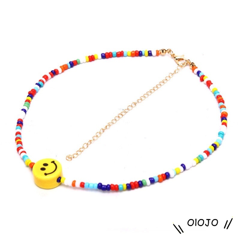 Fashion Smile Retro Bohemian Pendek Berwarna-warni Manik-manik Beras Populer Kalung Wanita Aksesoris - ol