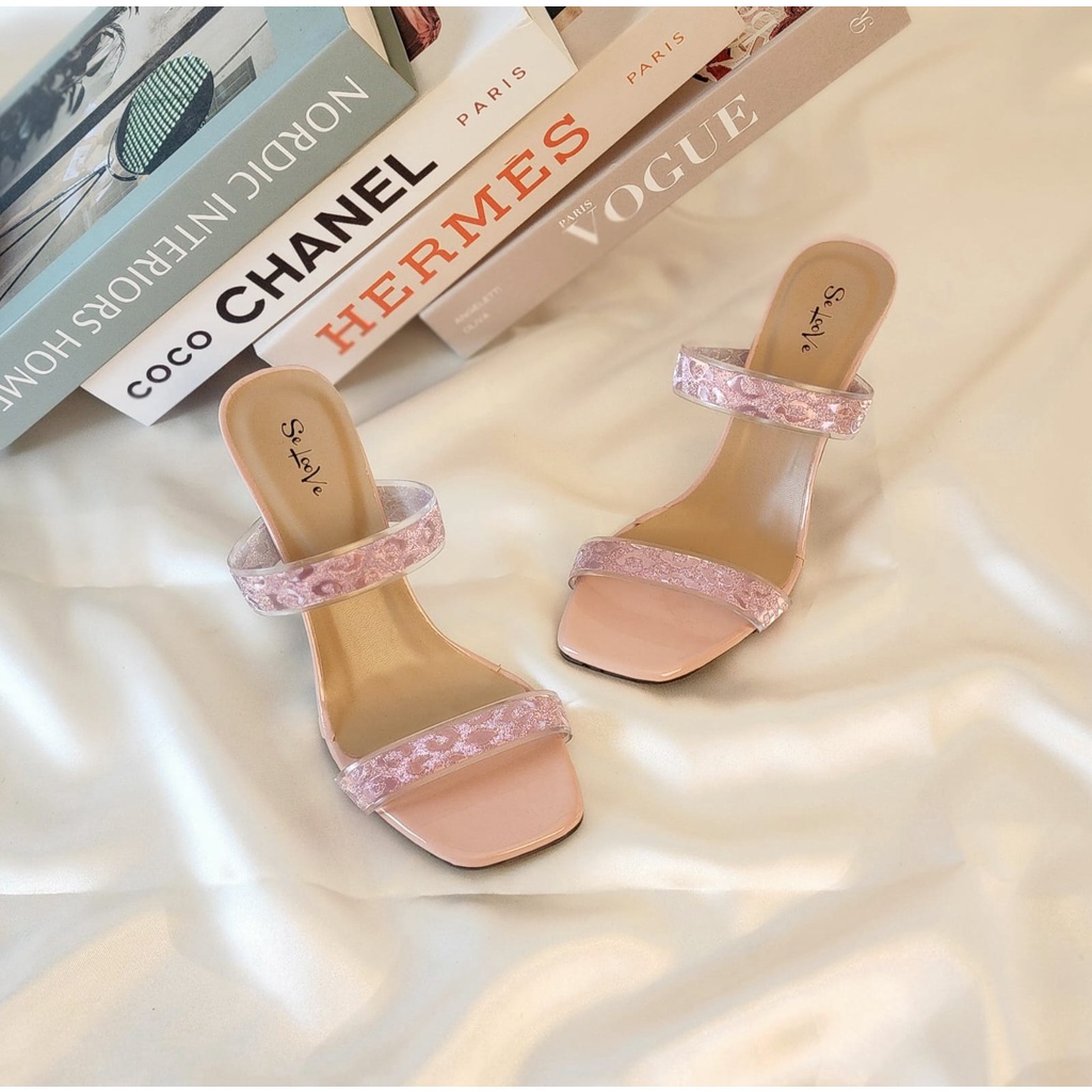 Arlaine - Elonia High Heels Wanita / Sandal Heels Wanita / Heels Brukat Kaca / Heels 7cm / Heels Pesta / Heels Kondangan