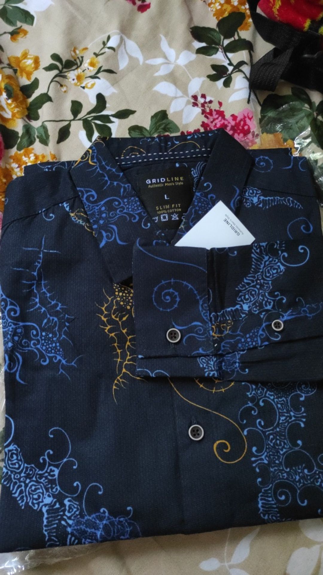 [gridline - Ls031 Navy Blue & Black Green] Kemeja Batik Slimfit Pria Katun Lengan Panjang