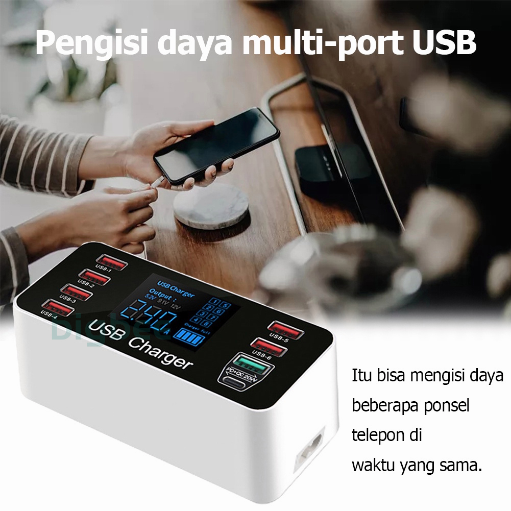 8 Port Port USB Pengisi Daya Multi-Port QC 3.0/PD Fungsi LED Pengisi Daya Cepat Hub 40W