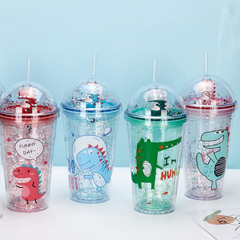 R-FLOWER Hadiah Cangkir Air Dinosaurus 450ml Reusable Dengan Sedotan Drinkware