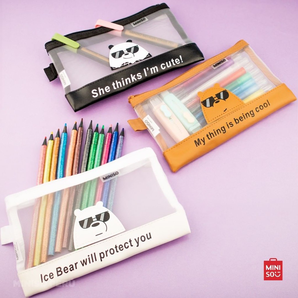 MINISO X WE BARE BEARS 3WRN. KOTAK PENSIL A6 WBB TRANSPARANT. tempat pensil miniso surabaya murah