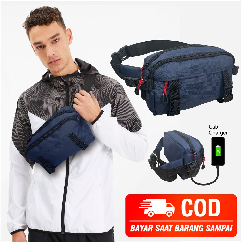 8809 - Tas Waistbag Slempang Ada Fitur USB Port Untuk Charger Hp