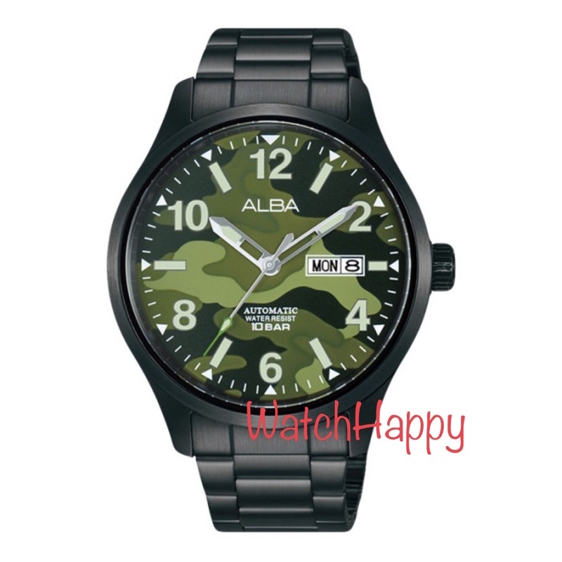 WatchHappy Alba AL4313X1 Green Camouflage Dial Mens Watch Automatic AL4313 Stainless Steel Original