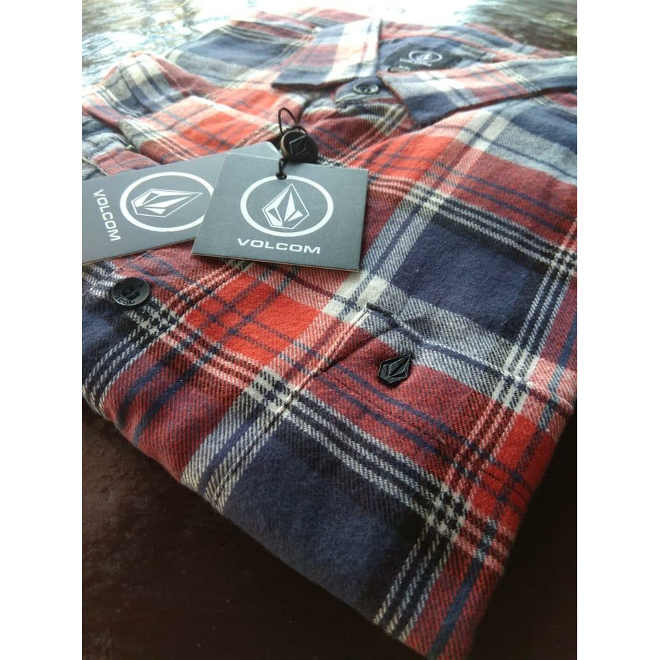 NEW FB KEMEJA FLANEL LENGAN PANJANG PRIA VOLCOM - VOLCOM ORANGE BLUE SQUARE