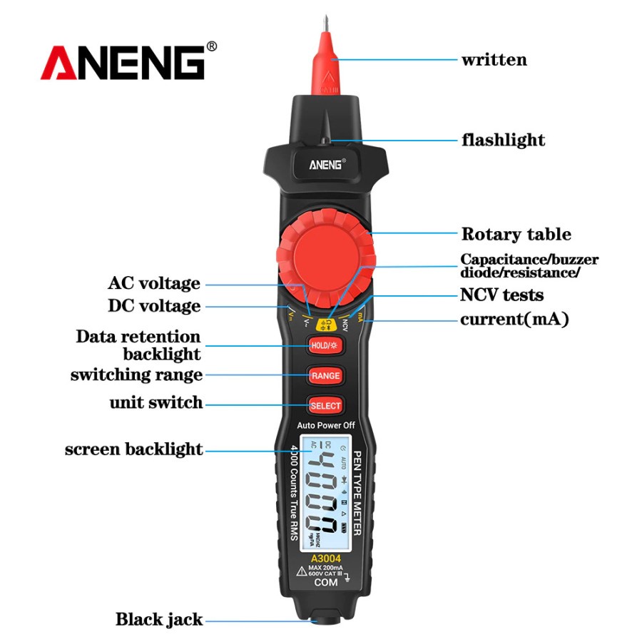 ANENG Digital Multimeter Voltage Tester Pen - A3004 - Black