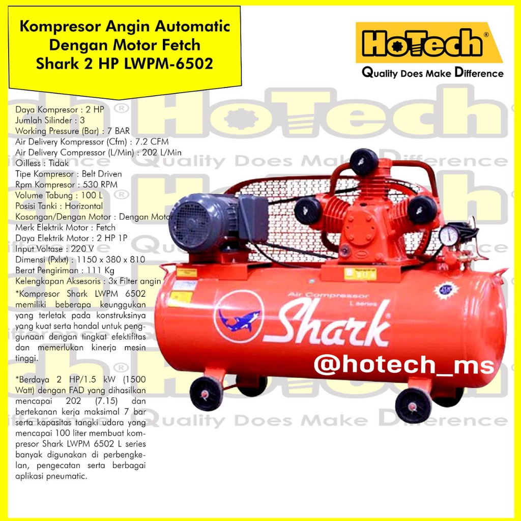 Shark Kompresor Angin 2 Hp | Air Compressor Shark 2 Hp Tanki 100 Liter