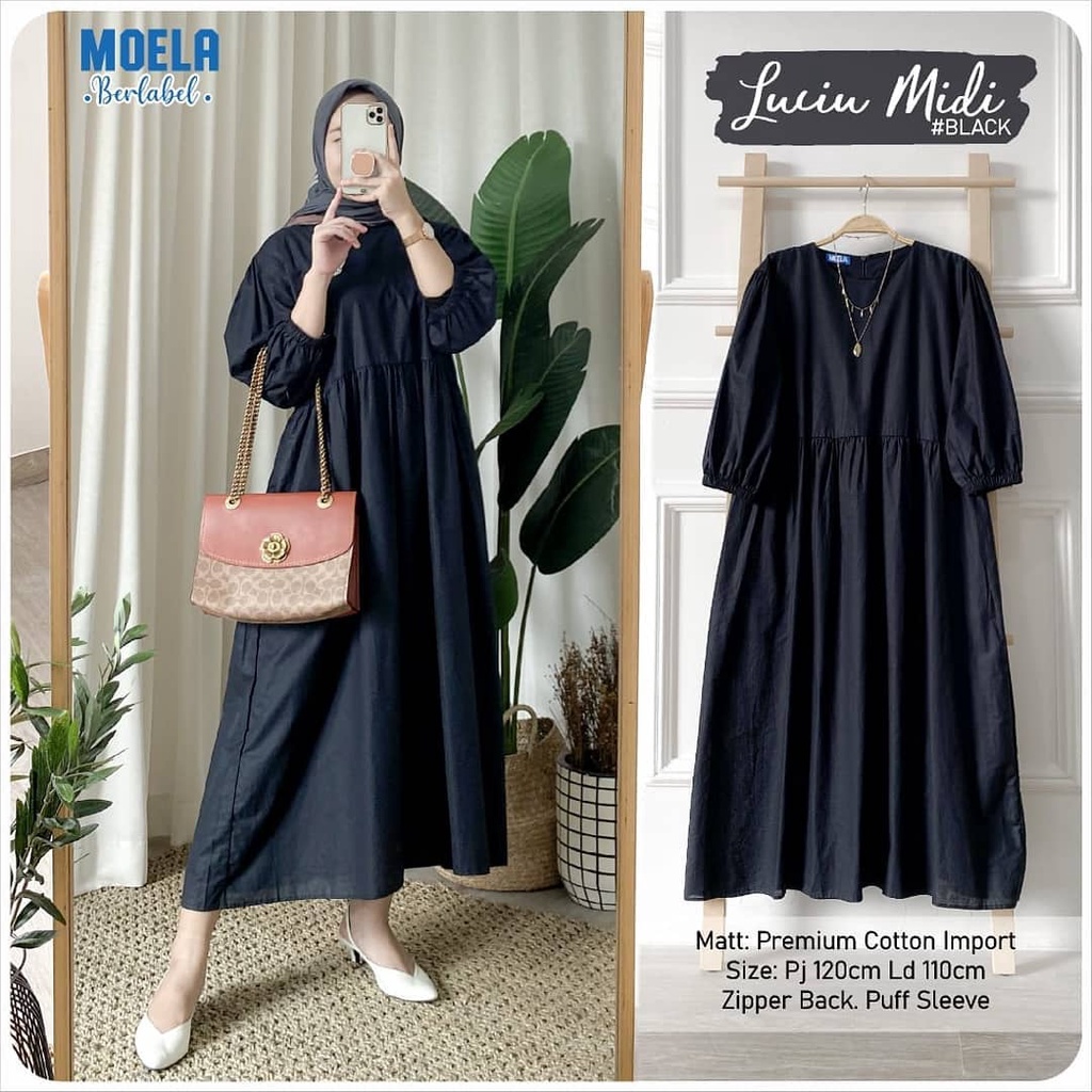 LUCIU Midi Dress Polos wanita Kekinian Terbaru Midi Dress Rayon  Polos Premium Moela