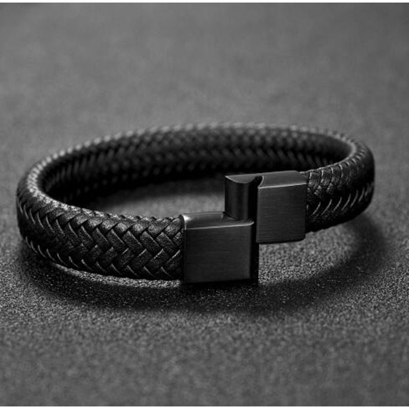 Gelang Bahan Kulit Warna Hitam Ukuran 18.5 / 22 / 20.5cm Untuk Pria