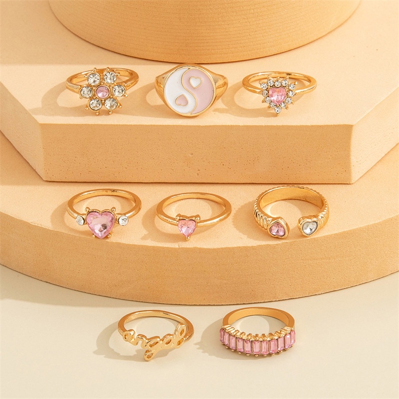 8pcs / Set Cincin Desain Bunga Tulisan Love Aksen Berlian Penuh Warna Pink Untuk Wanita