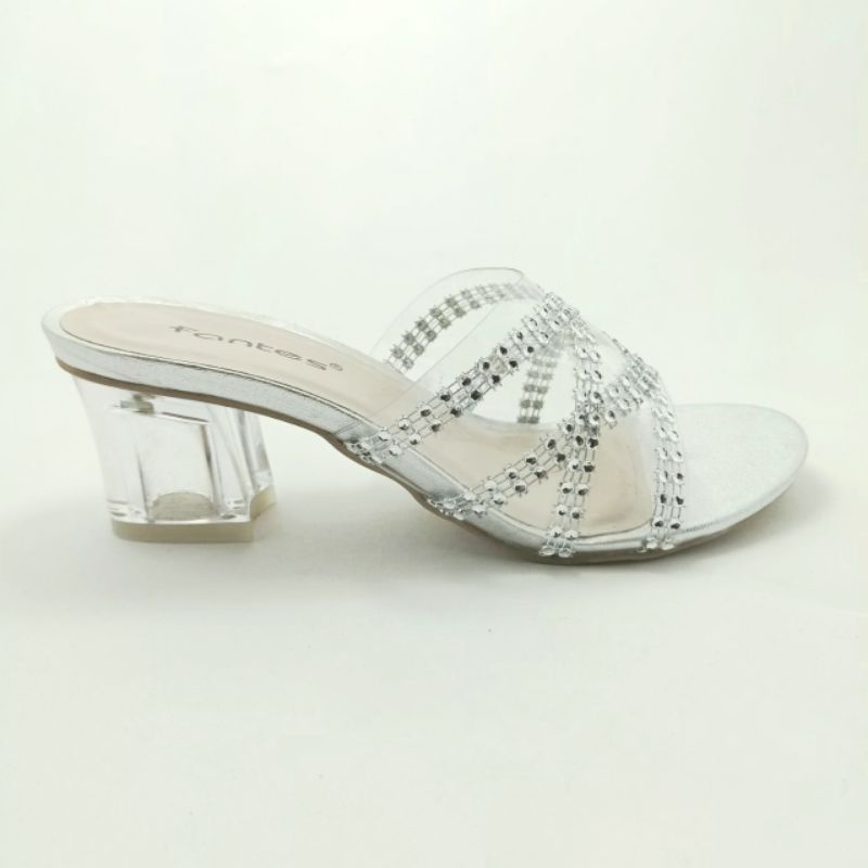 Sepatu Heels Wanita Slop Transpatan Hak kaca 5cm Tali Permata