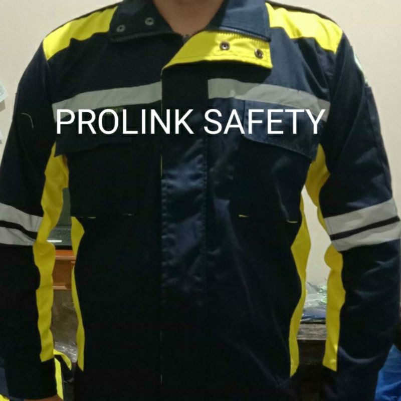 SERAGAM SAFETY SEMI JAKET KUNING KOMBINASI DONGKER RESLETING FREE LOGO K3 BENDERA LARIS KAIN DRILL