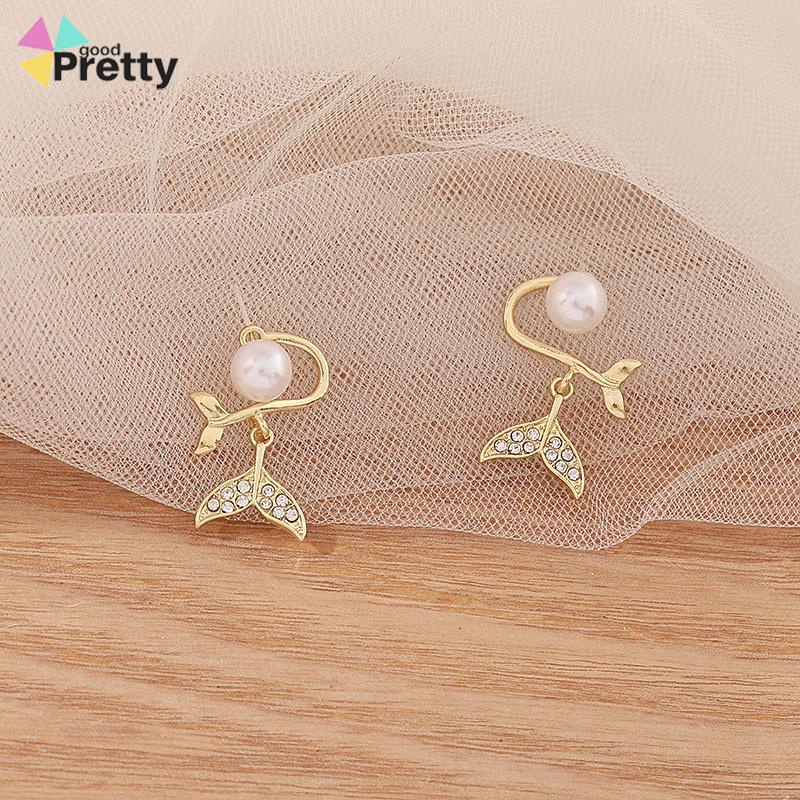 Pearl Fishtail Back Hanging Earrings Wanita High-end Cahaya Mewah Penuh Berlian Anting Geometris - PD