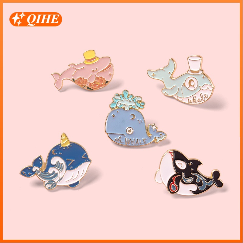 Whale Bros Pin Enamel Desain Kartun Ikan Paus / Bunga / Ombak Laut Untuk Anak Laki-Laki / Perempuan