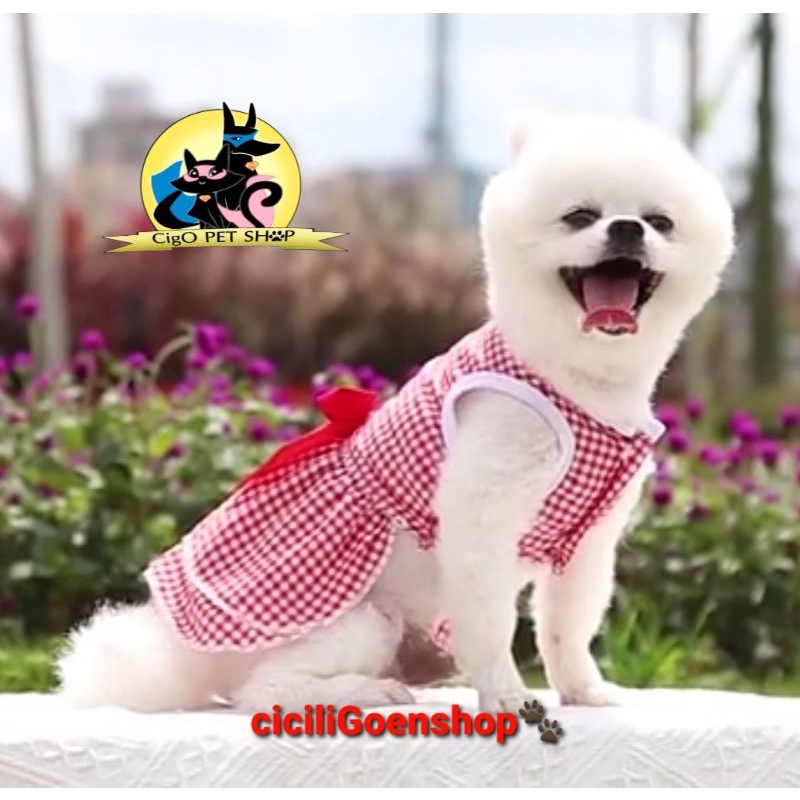 Baju anjing kucing dress merah kotak pita rok seragam