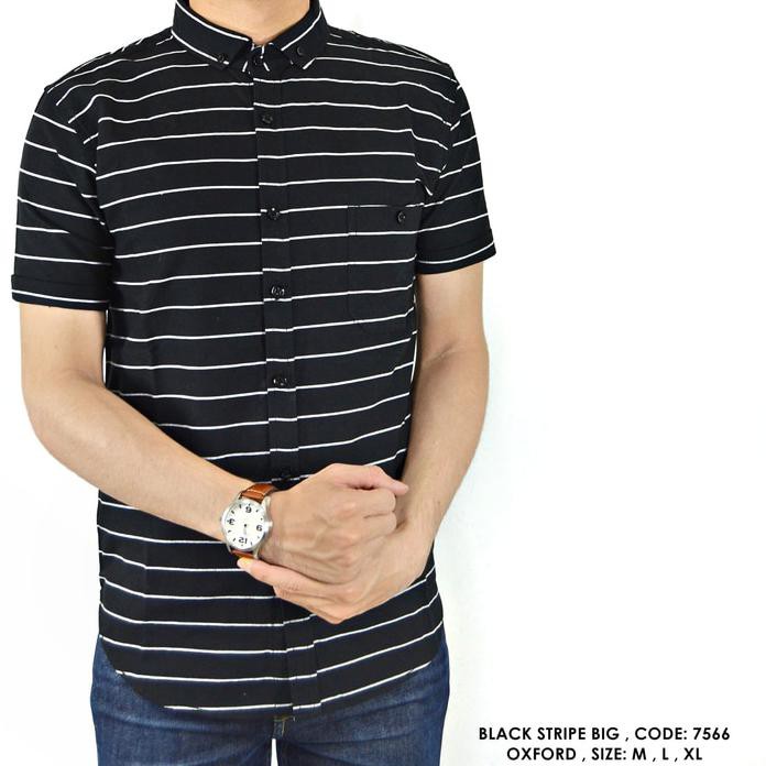 Stok Terbatas Baju Kemeja Fashion Garis Salur Stripe Hitam Putih Cowok Pria