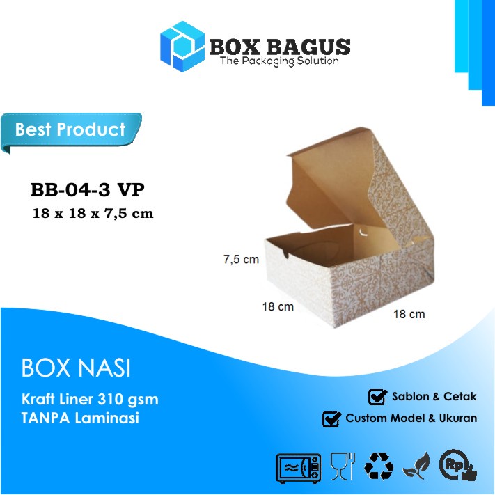 (PUTIH) BOX DUS 18x18x7,5 KRAFT 310 GSM - KOTAK HAMPERS MAKANAN NASI ROTI KUE SNACK