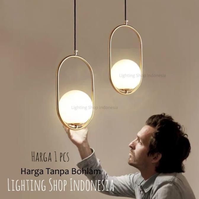 L472 Lampu Gantung Gold Bola Kaca Susu Modern Minimalis Bentuk Oval