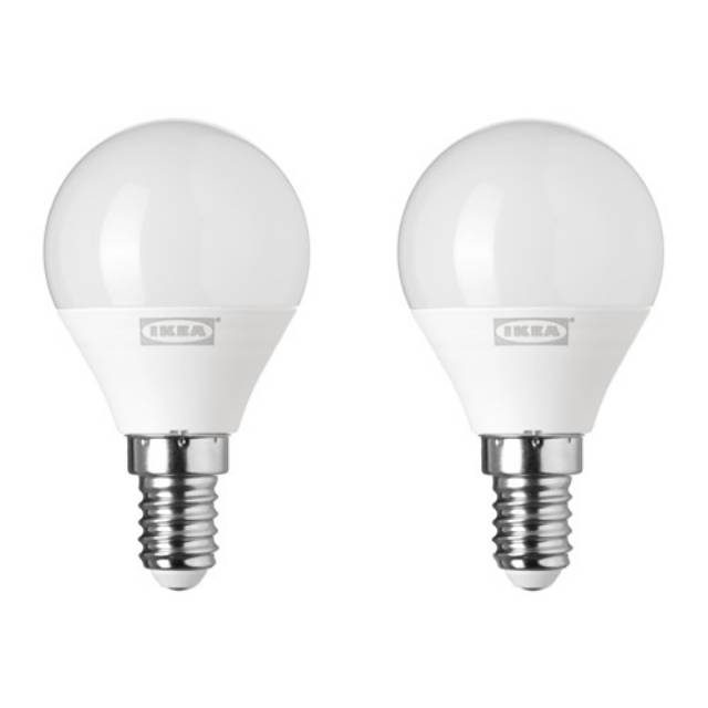 Solhetta Ikea Bohlam LED E14 470 lumen putih terang, 3.5watt/4000k, Globe putih opal, set 2pcs