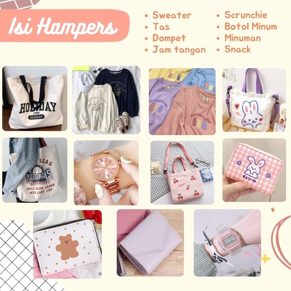 

[PRODUK FYIQO] Hampers Sweater Cewek | Hampers Cewek Kado Cewek Gift Box Hadiah Jaket Crewneck Jam Tangan Dompet Tas Snack Sweater oversize baju lebaran hampers ulang tahun ultah graduation pacar TRD