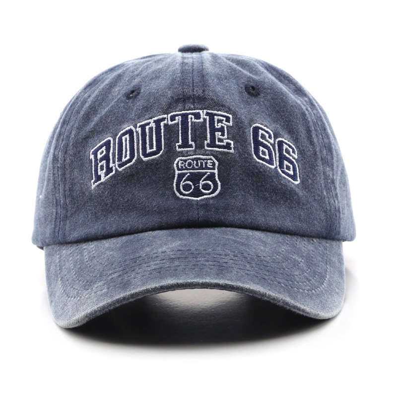 HATSAVENUE-225 Baseball Cap Model Wash Denim Luntur Bordir Route 66 Katun Keren