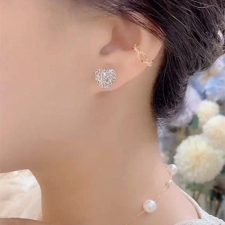 Anting Stud S925 Silver Needle Bentuk Hati Aksen Mutiara Berlian Gaya Korea Untuk Wanita