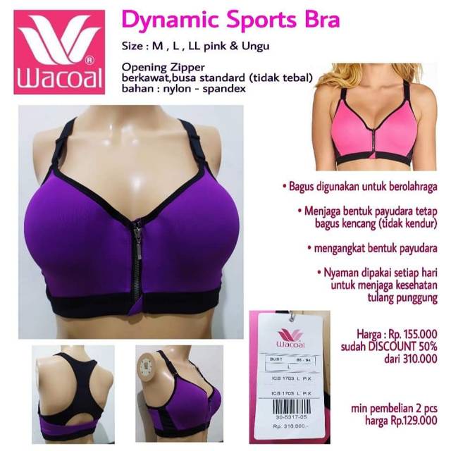 Wacoal Dynamic Sports Bra Zipper, Ungu & pink. SALE : 50% HEMAT  Tag Price : Rp. 310.000